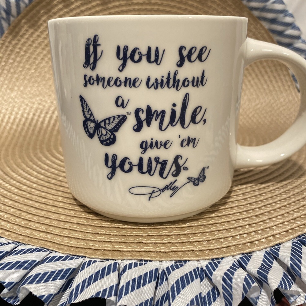 Dolly Parton Limited Edition Smile Quote Butterfly Ceramic Coffee Mug White Navy